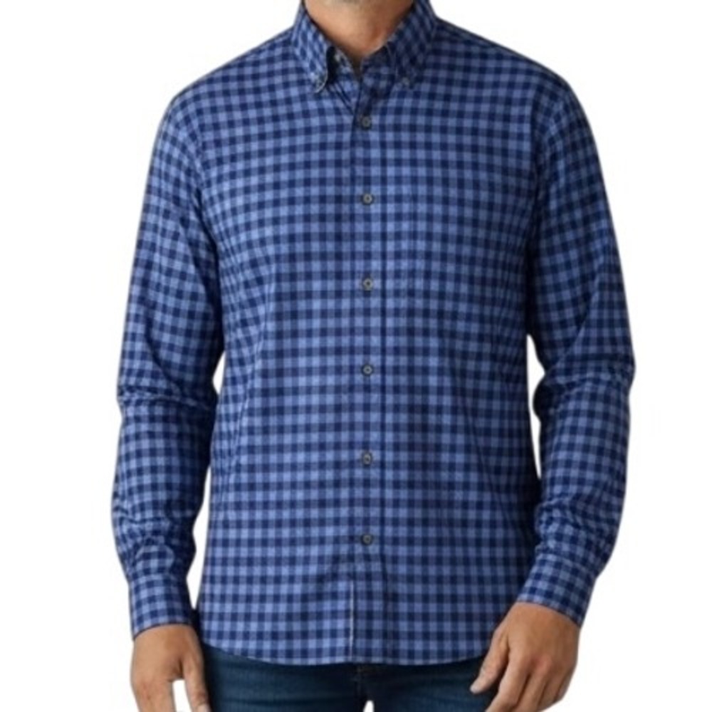 LL Bean‎ Mens Button Down Shirt Blue Checkered Wrinkle Resistant Cotton M-REG